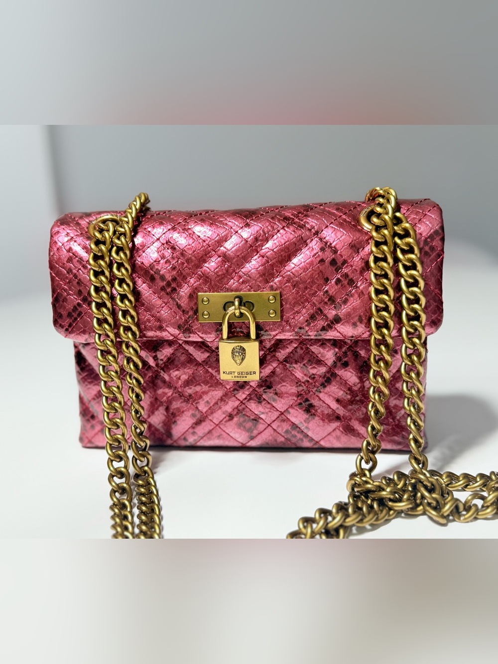 Kurt Geiger London Brixton Pink Metallic Snake Embossed Leather Chain Crossbody